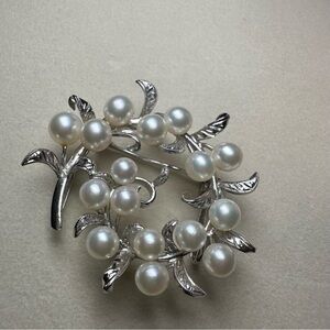 Large Antique Akoya Pearl Sterling Silver Brooch Pin